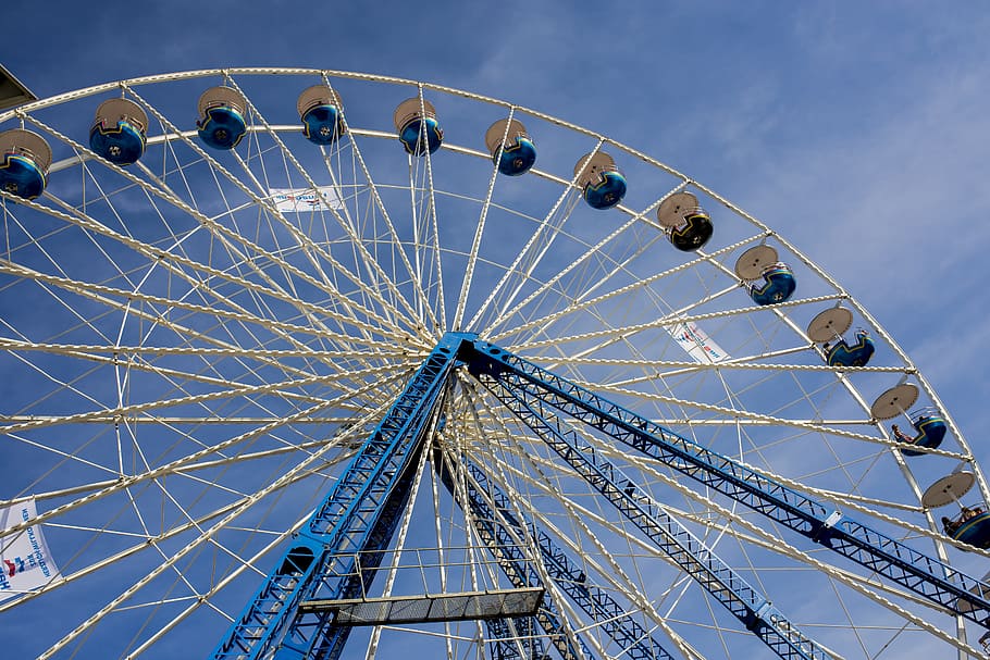 ferris wheel, blue, sky, clouds, folk festival, fairground HD wallpaper