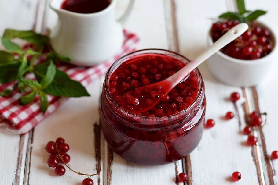 glass jar filled with red berry jam with spoon, currant jam HD wallpaper