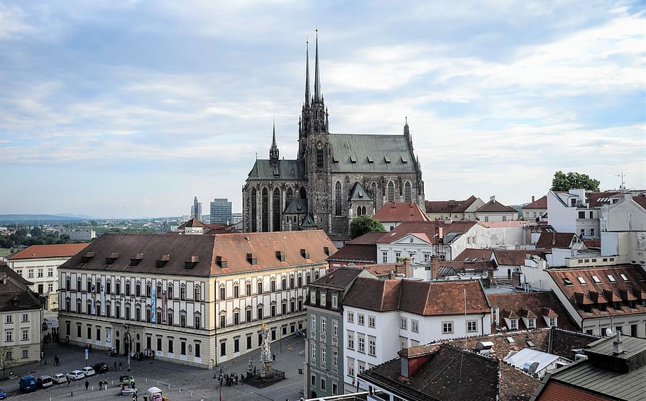 gray cathedral surrounded by houses, brno, cz, czech republic