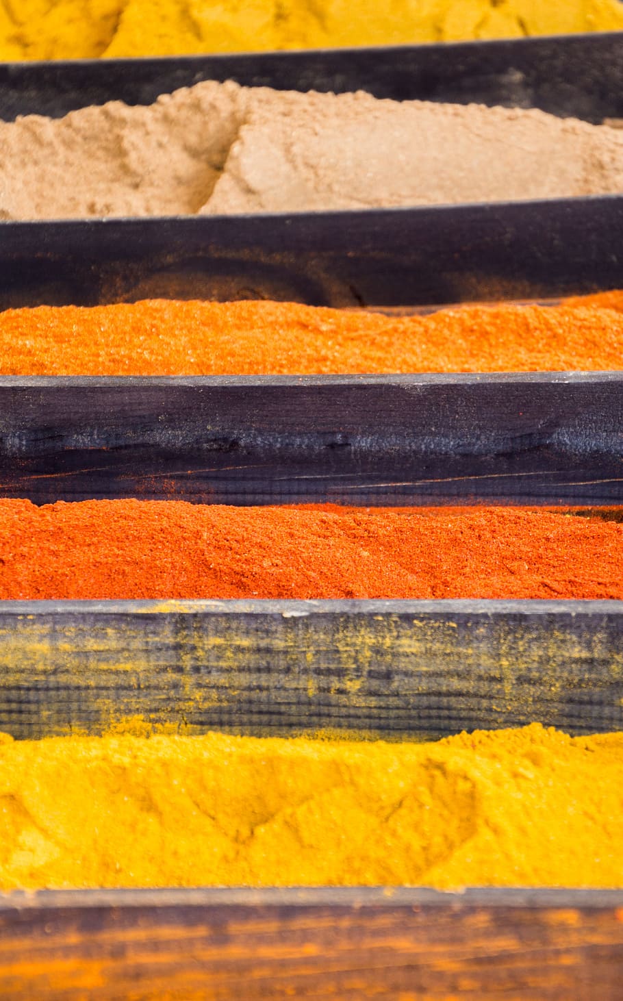 yellow and orange powder, spices, curry, market stall, colorful HD wallpaper