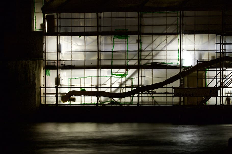 scaffold, construction, on the water, night, architecture, indoors HD wallpaper