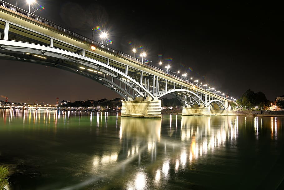 lighted white bridge during nighttime, rhine, basel, architecture HD wallpaper