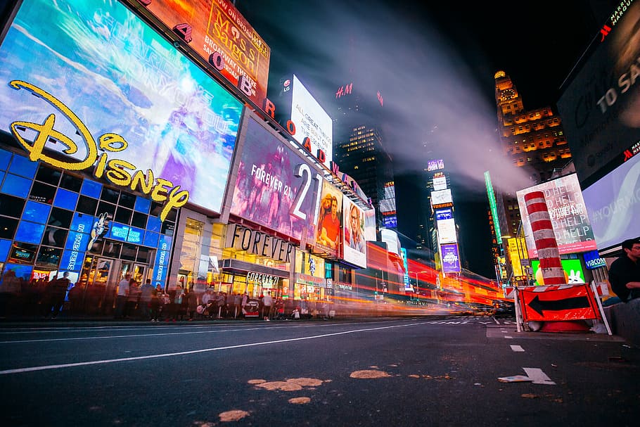 Time Square , New York, assorted-color buildings, disney, light HD wallpaper