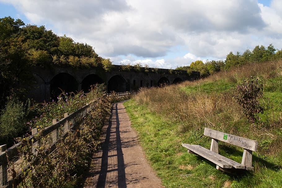 bench, path, bridge, arch, cloud - sky, plant, tree, nature HD wallpaper