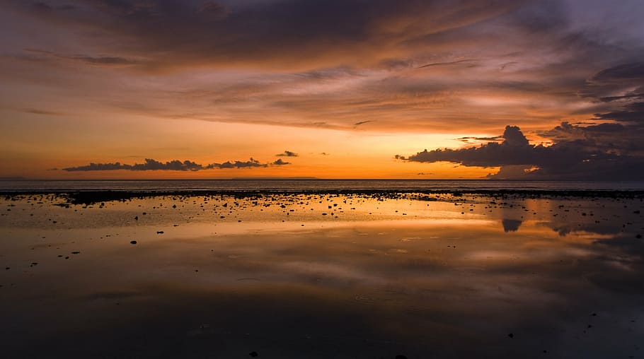 calm body of water, sunset, beach, dawn, horizon, vacation HD wallpaper