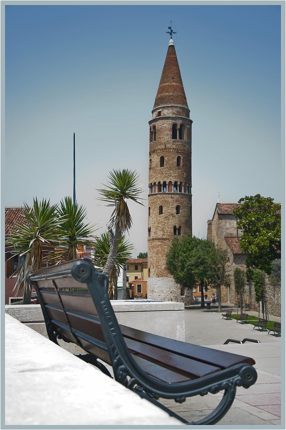 bench, tower, holidays, relaxation, palma, view, building exterior HD wallpaper