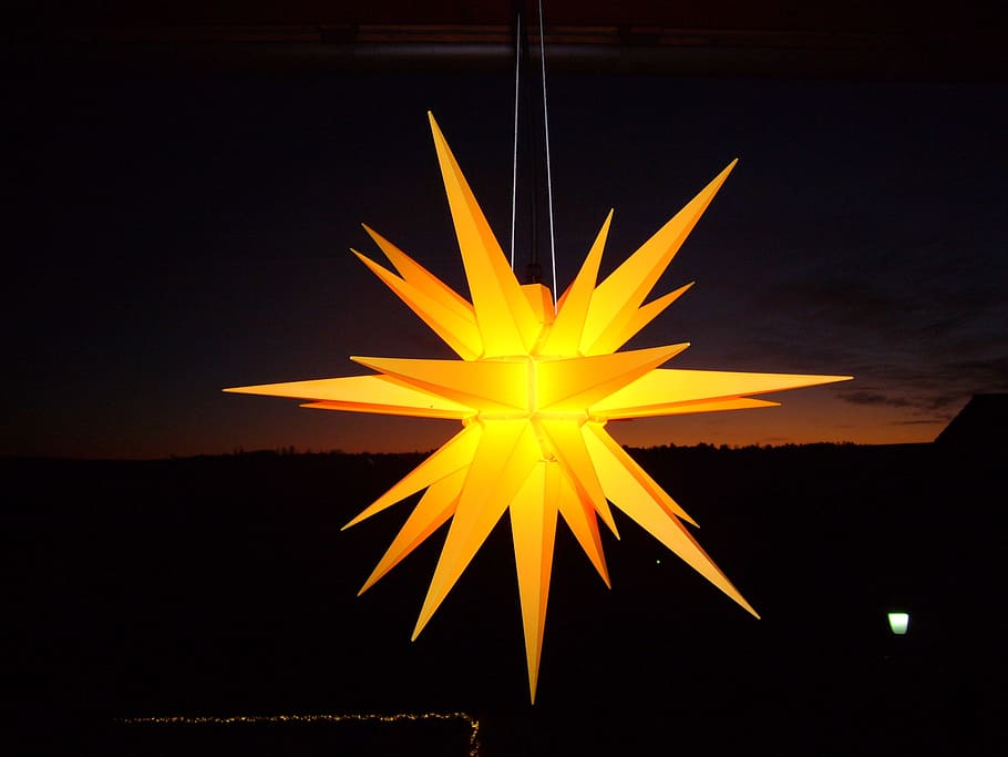 star, lights up, herrenhuth, star shape, yellow, night, illuminated HD wallpaper