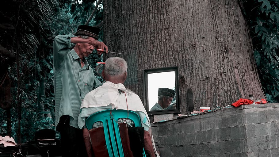 man sitting on chair, tree, barber, mirror, reflection, technology HD wallpaper