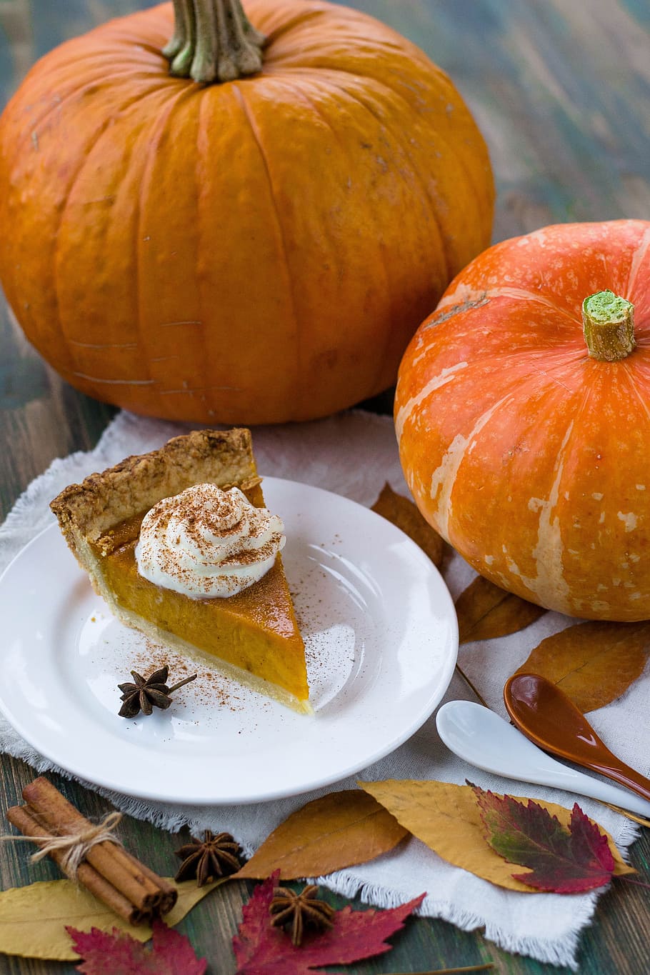 two pumpkins besides pumpkin pie on white ceramic plate near brown and white spoons, HD wallpaper