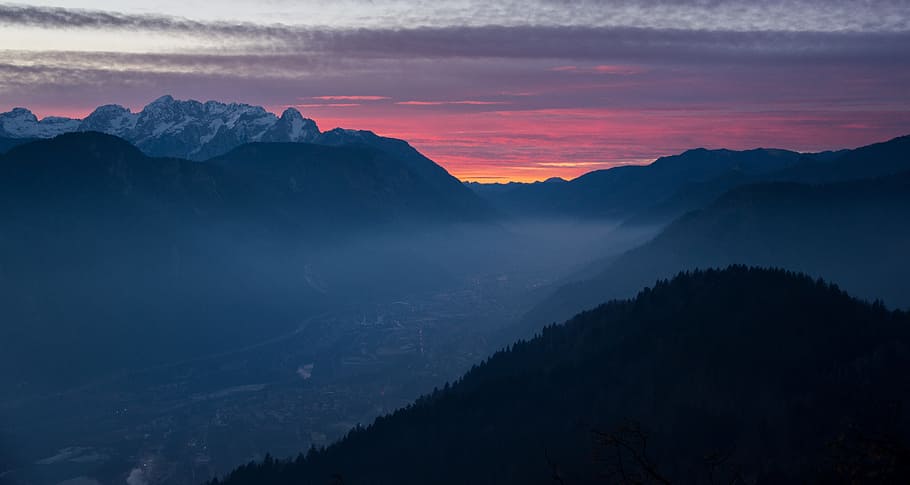 photo of silhouette of mountain during sunset, clouds, sky HD wallpaper