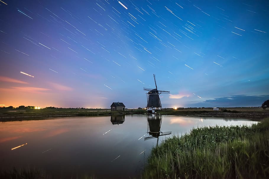 windmill, star, traces, waters, reflection, lake, sky, landscape HD wallpaper