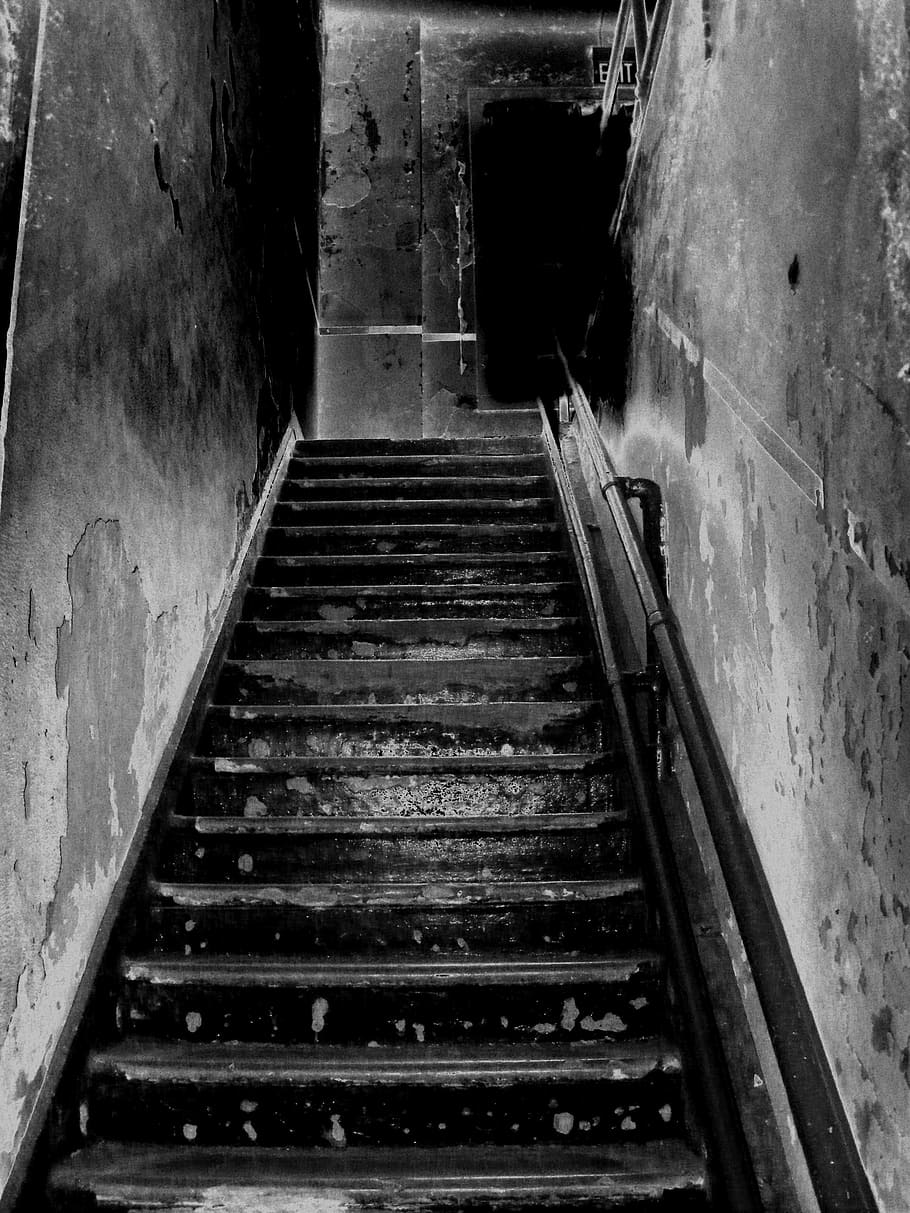 grayscale photo of concrete stair, stairs, architecture, steps HD wallpaper