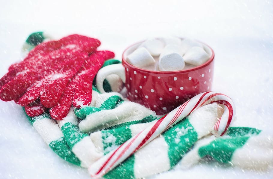 white marshmallows, hot chocolate, snow, winter, cup, drink, christmas