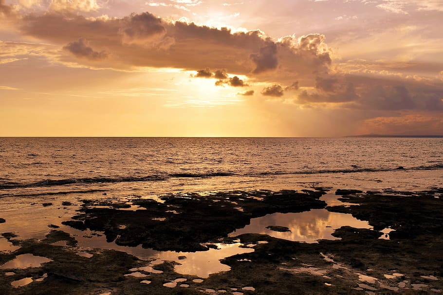 sunset, sea, sky, clouds, waves, horizon, nature, autumn, scenery HD wallpaper