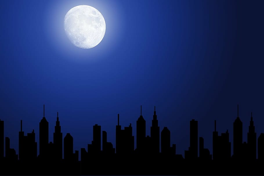 moon shining over city buildings, town, silhouette, houses HD wallpaper