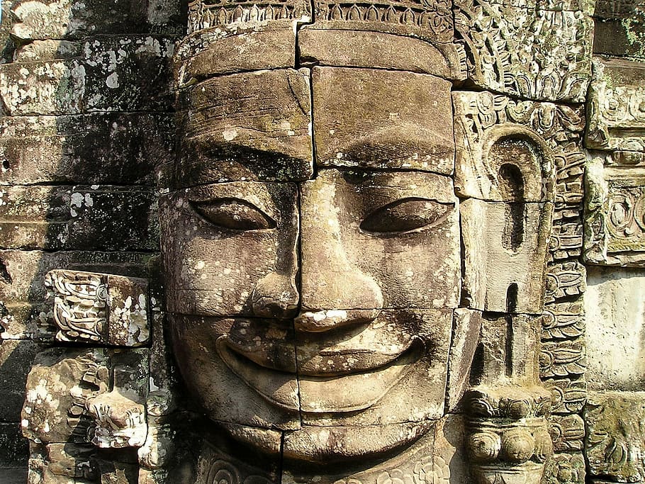 Buddha statue, angkor, wat, cambodia, temple, face, large, figure, HD wallpaper