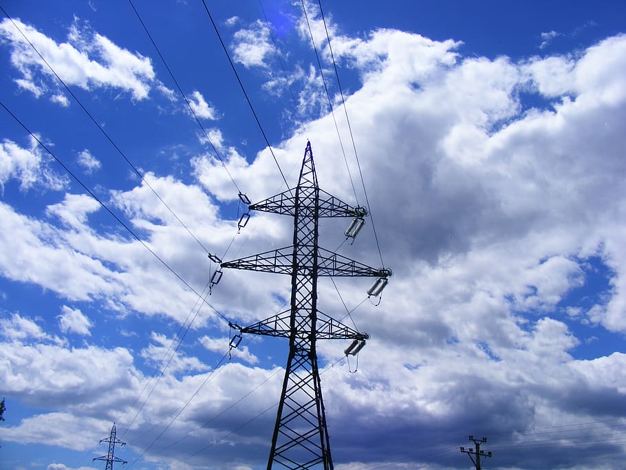 black utility tower under blue sky and white clouds at daytime HD wallpaper