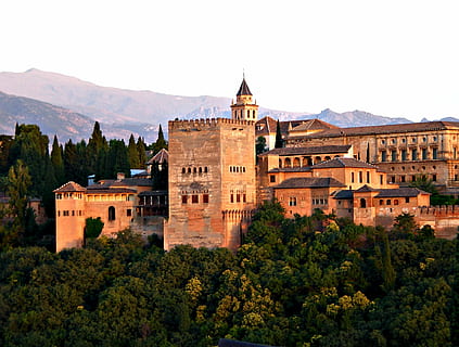brown building surrounded by trees, alhambra, granada, spain HD wallpaper
