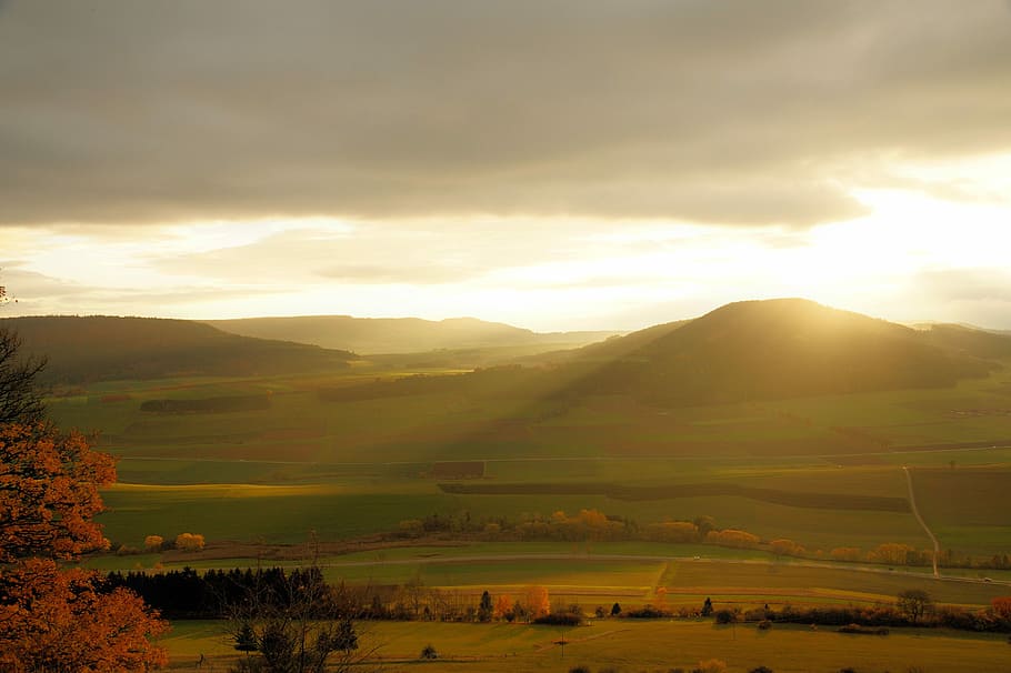 sunset, mountains, dusk, sky, panorama, afterglow, clouds, landscapes HD wallpaper
