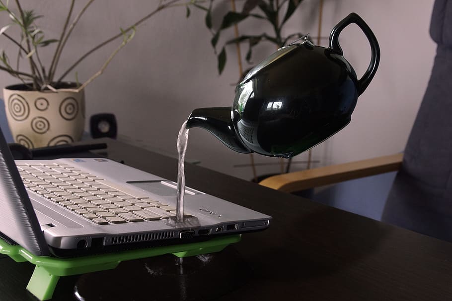 White Kettle Droping Water on Silver Laptop Computer, pouring HD wallpaper