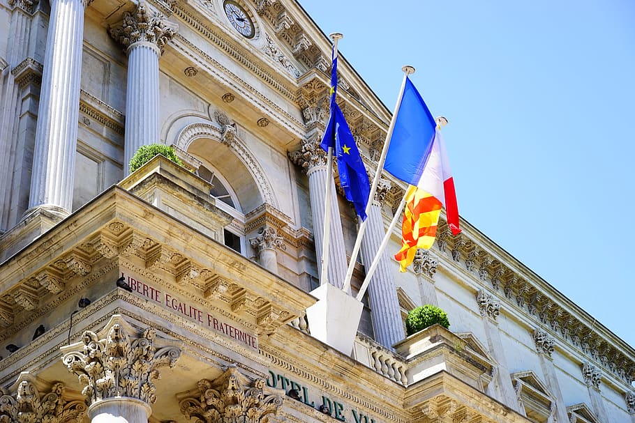 Flags, Town Hall, Avignon, Facade, building, decorated, bowever HD wallpaper