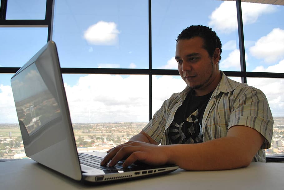 office, smart, computer, laptop, one person, window, using laptop HD wallpaper