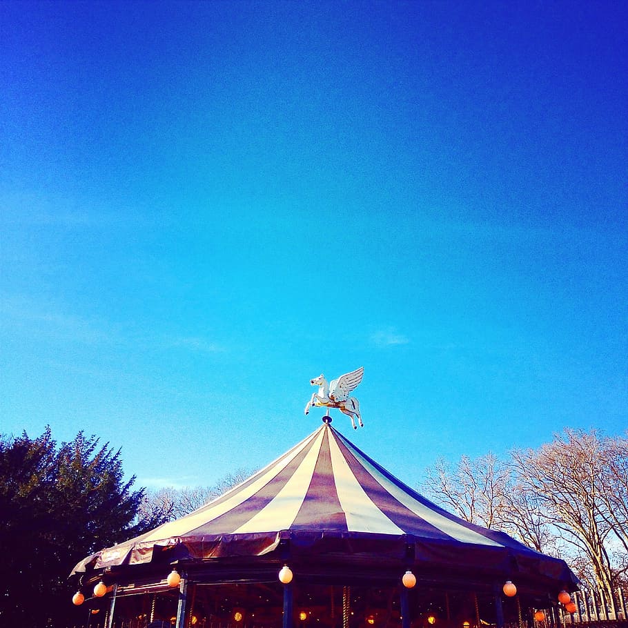 Manege, Lyon, Carousel, France, sky, blue, outdoors, amusement Park HD wallpaper