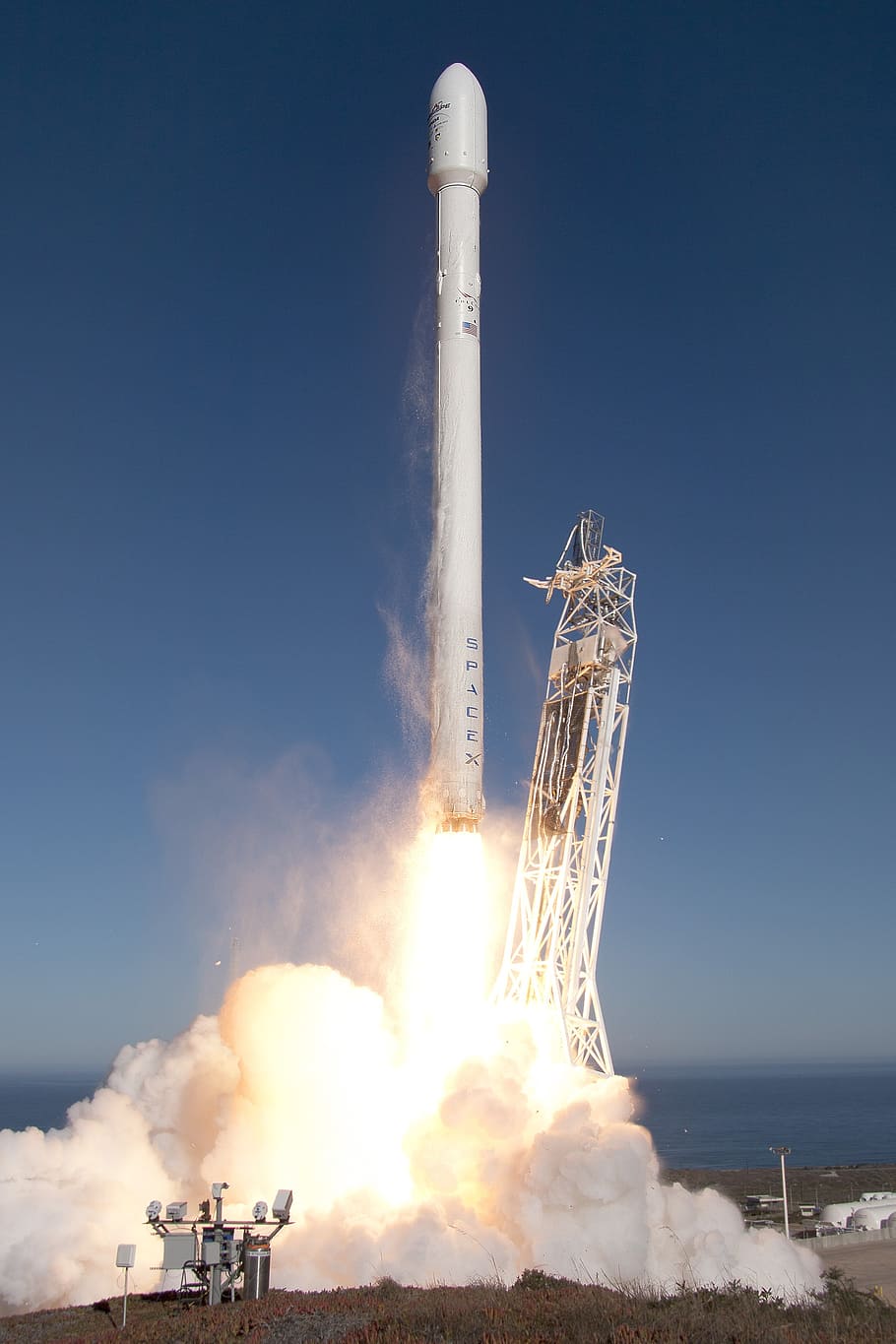 launching white rocket, lift-off, rocket launch, spacex, flames