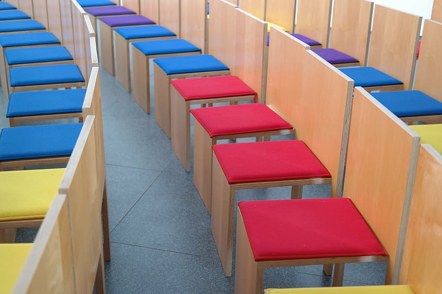 chairs, sit, seat, break, colorful, red, yellow, blue, click HD wallpaper
