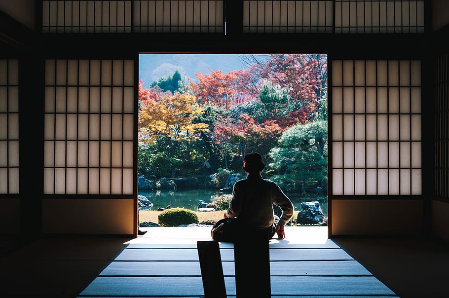 silhouette of man near outside, silhouette photo of man sitting on door HD wallpaper