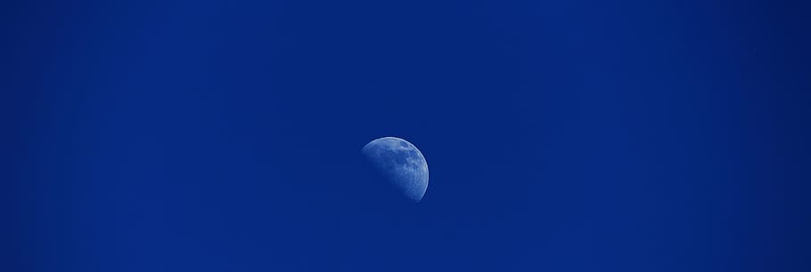 portrait photography of moon during daytime, sky, blue, half moon HD wallpaper