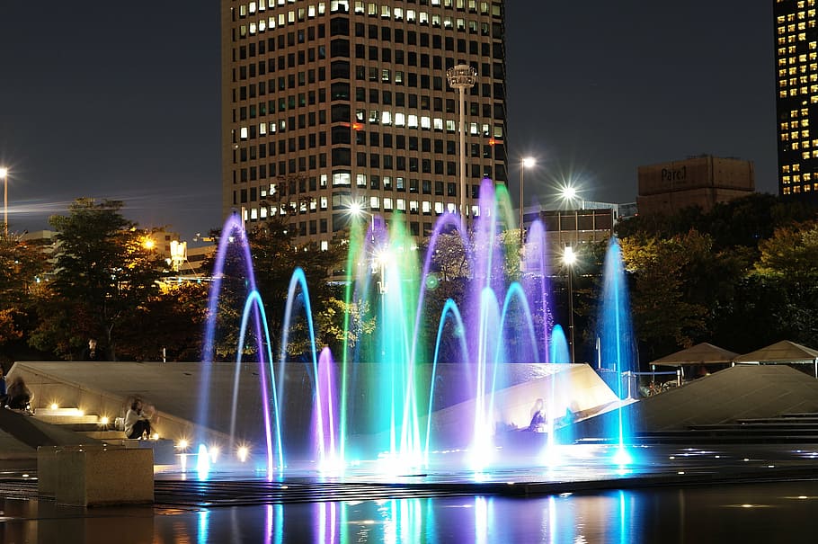 fountain, reflect, han river, saekgal, illuminated, night, architecture, HD wallpaper