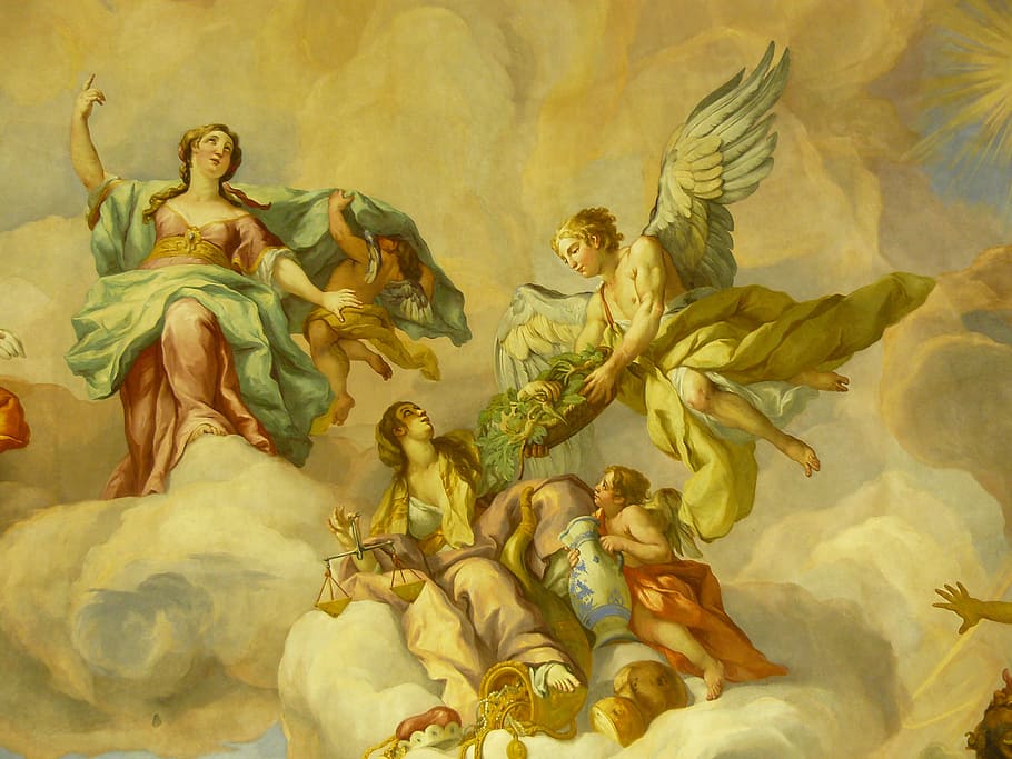 angels in cloud painting, mural, fresco, artwork, historically