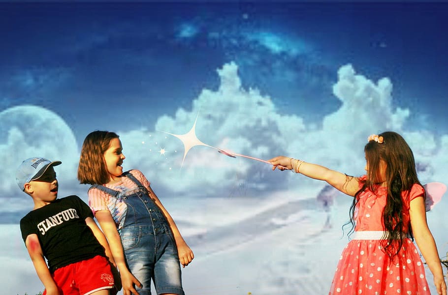 girl playing with her magic wand, kids, spell, fantasy, cloud HD wallpaper