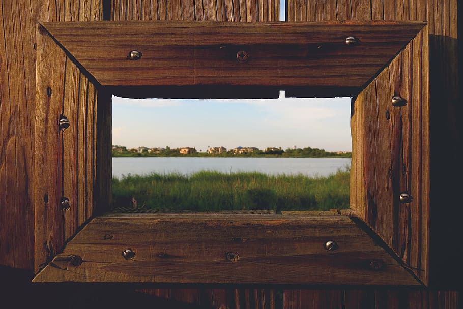 grass, lake, river, view, window, wooden, wood - Material, nature HD wallpaper
