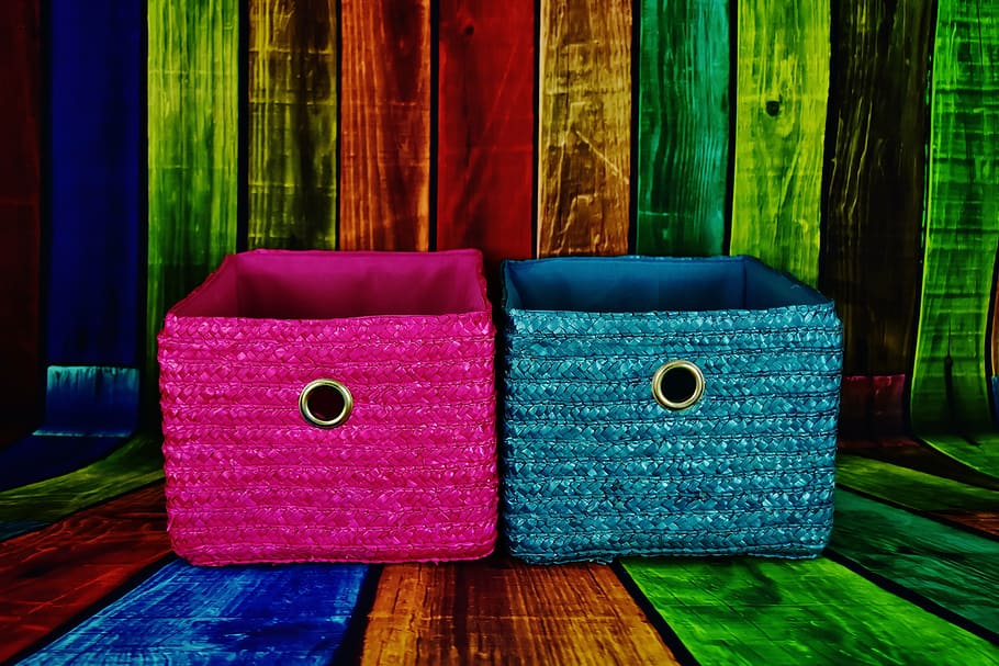 baskets, pink, blue, colorful, storage, decoration, background, HD wallpaper