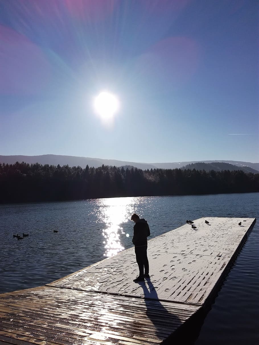 outdoor, nature, boy, ducks, swans, sunset, water, pond, sadness HD wallpaper