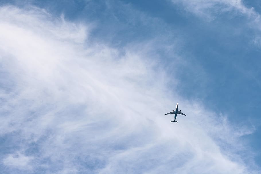 white passenger plane on sky during daytime, gray plane flying beneath the clouds HD wallpaper