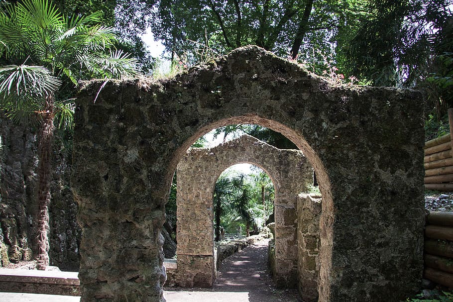park, trees, garden, generously, romantic, arch, archway, bricked HD wallpaper