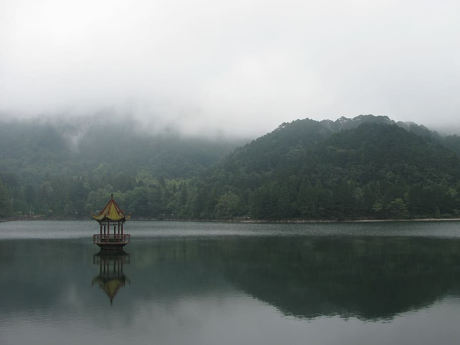 Lushan, Reed, Harp Lake, Water, Pavilion, reed harp lake, cloud