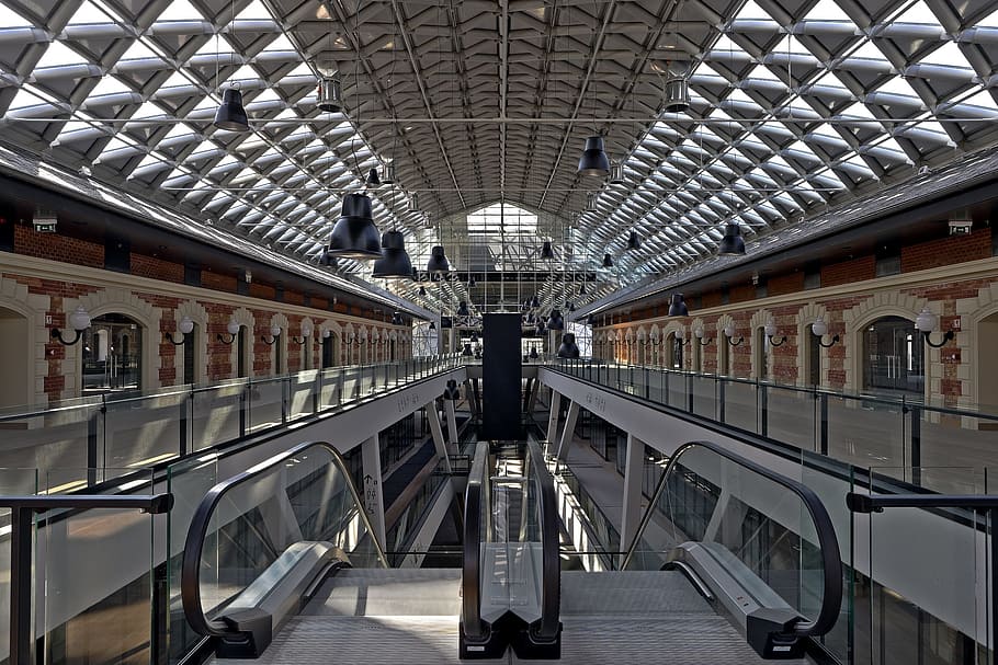 escalator, interior design, building, indoors, architecture HD wallpaper
