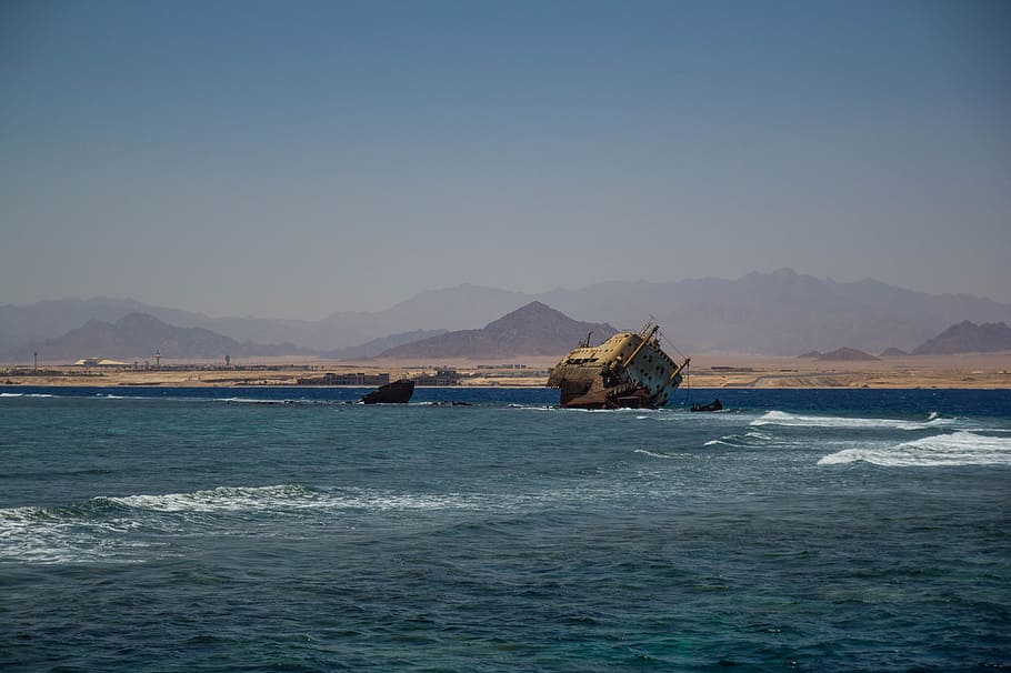 ship, shoal, shipwreck, egypt, sea, red, water, sky, nature HD wallpaper