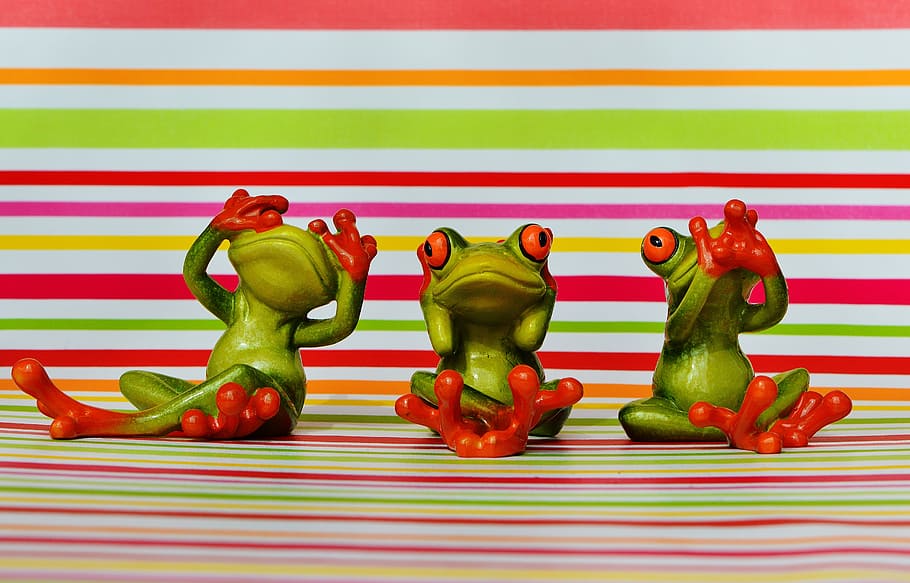 frogs, not see, not hear, do not speak, funny, cute, figures, HD wallpaper