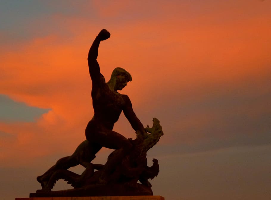 Statue, Sunset, Light, Fight, Dragon, sky, színesfelhő, silhouette HD wallpaper