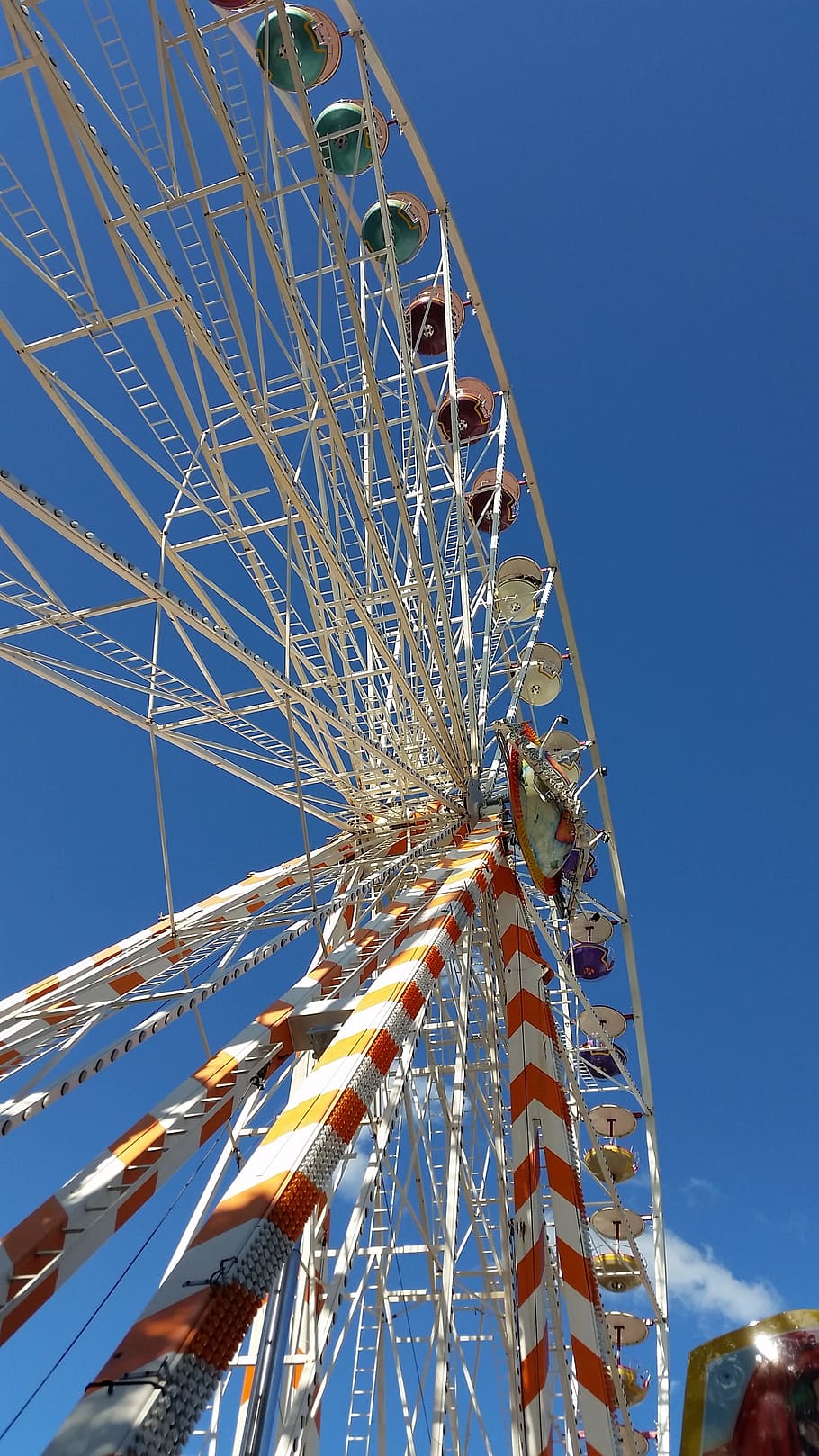 ferris wheel, red, white, large, amusement park ride, sky, low angle view HD wallpaper