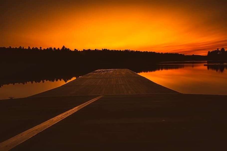 sunset, dusk, lake, sky, clouds, dock, pier, forest, trees HD wallpaper