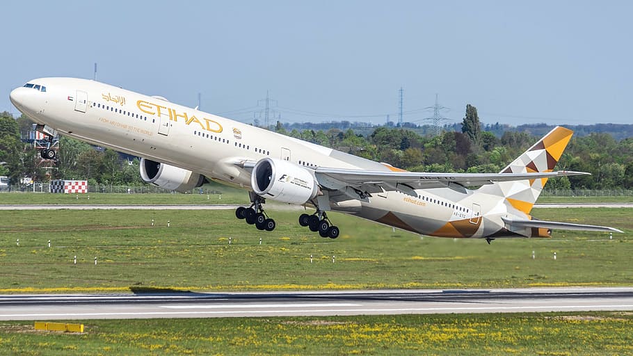 etihad, take off, aircraft, boeing, aviation, 777, airport, HD wallpaper