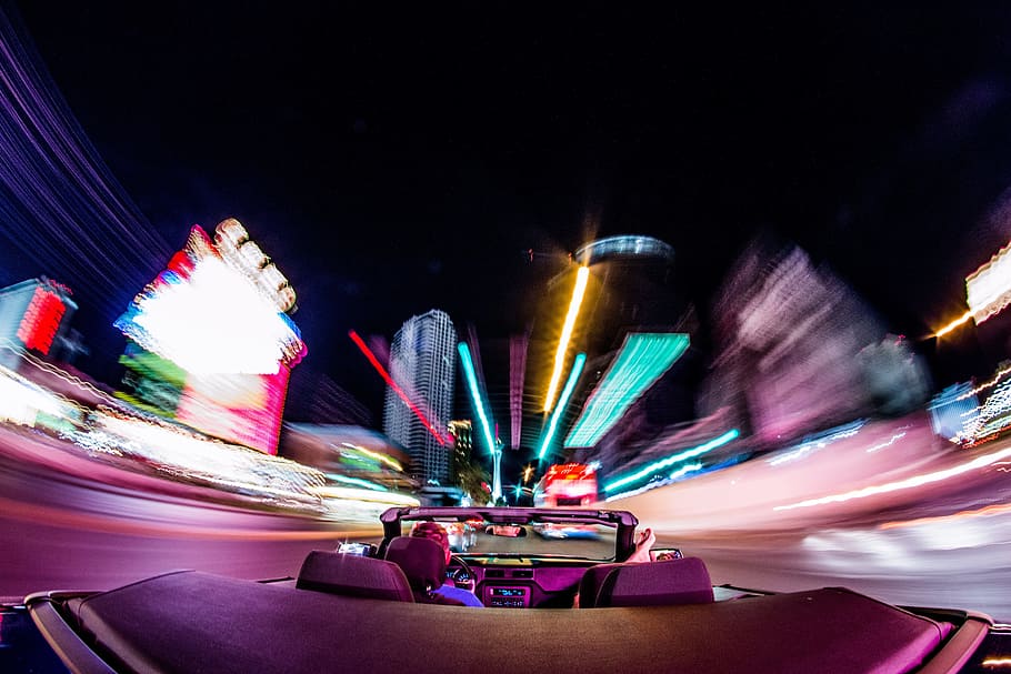 selective focus photography of black convertible, night, lights HD wallpaper