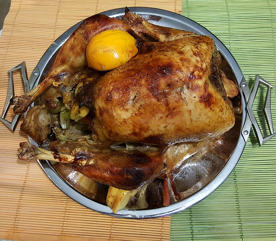 roasted chicken on gray casserole, turkey, food, dish, food and drink HD wallpaper
