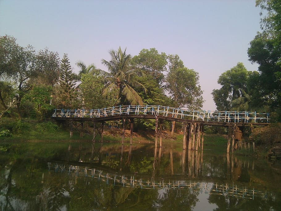 india, sky, clouds, bridge, scenic, trees, stream, water, reflections HD wallpaper